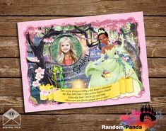 the princess and the frog birthday card is displayed on a wooden table with wood planks