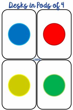 four different colored circles with the words, decks in pods of 4 on them