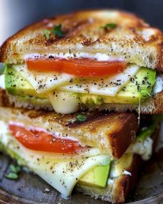 two grilled sandwiches stacked on top of each other with cheese and tomatoes in the middle