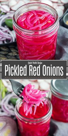 pickled red onions in jars with a spoon