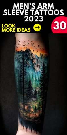 a man's arm with an image of trees and mountains on it, while the text reads men's arm sleeves 2012 look more ideas 30