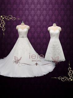 two white wedding gowns on display against a purple background