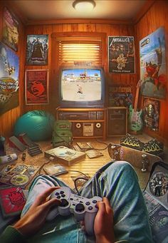 a person sitting in front of a tv holding a game controller