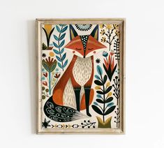 an art piece with a fox and plants on it's side, hanging on the wall