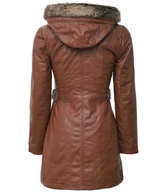 Women's Detachable Hood Leather Coat
This brown leather coat for women will definitely elevate your style to the next level. It contains a detachable fur hood with drawstrings, snap button collar, central YKK zipper closure with button closure, two side big pockets, and adjustable button straps on both sides. A smart outfit to wear in the winter season that can be used for casual and formal events. Leather Coat With Fur, Asymmetrical Leather Jacket, Trench Coats Women Long, Brown Fur Coat, Brown Leather Coat, Leather Coat Womens, Long Leather Coat, Fur Hood Coat, Leather Jacket With Hood