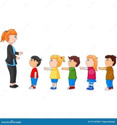 a group of children standing in line with one pointing at the other and another pointing to the