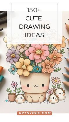 some colored pencils are next to a drawing book with the title, 50 cute drawing ideas