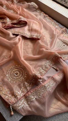 * *FABRIC OF SAREE*- 100% pure Very Soft tissue silk            *Fabric of blouse* -   Tissue Soft tissue Silk             *WORK* - Gotapatti & zardozi & pearl  . Dusty Rose Saree, Partywear Sarees, Tissue Silk Saree, Bee Drawing, Pearl Work, Tissue Saree, Dusty Rose, Silk Fabric, Silk Saree