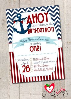 an anchor birthday party card with red, white and blue stripes