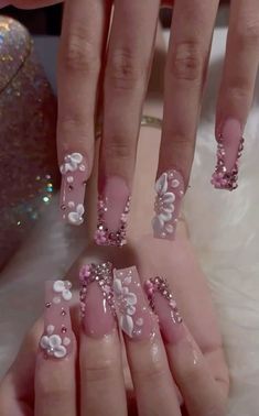 Pink Nails For Quinceañera, Latina Nails, Quince Nails, Princess Nails, Quinceanera Nails, Cute Pink Nails, Spring Acrylic Nails, Girly Acrylic Nails, Glow Nails