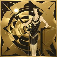 an art deco poster with a woman holding a lamp