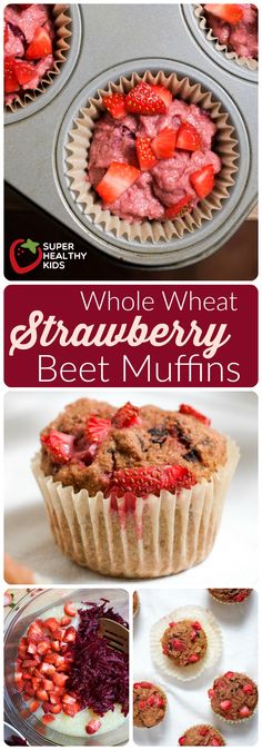 whole wheat strawberry beet muffins with fresh strawberries in the middle and on top