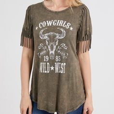 Bully Dangling Fringe Top Wild West Tank Top Swoop T-Shirt Logo Tee Color: Wash Green Size: M Material: 95% Viscose/5% Spandex Made W/ Love In U.S.A. (Prewashed) Adorable & Very Cute! Gorgeously Designed Tank Top You'll Want To Show Off! Bring A Bit Of Sweet & Sass W/ Stunning Top W/ Fringe! Don’t Miss Out On This Staple! Flaunt Your Style W/ This Feelin' Fringe Top! Elevate Your Wardrobe W/ This Eccentric Yet Essential Piece Elegance Of Gorgeous Top Creates Sassy But Sweet Look That Is Easily P Trendy Fringe Short Sleeve T-shirt, Casual Cotton T-shirt With Fringe, Summer Fringe Cotton T-shirt, Summer V-neck Tops With Fringe, Western T-shirts & Tank Tops, Fringe Top, Stunning Tops, Collared Sweatshirt, Leopard Print Blouse