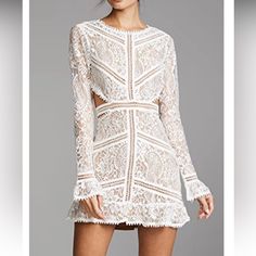 Sexy And Sweet White Lace Mini Dress. Backless With Waist Strap. Size M. Gorgeous Dress !! Never Worn. Chic Sheer Mini Dress For Wedding, Flirty Lace Mini Dress For Date Night, White Sheer Flirty Dress, Glamorous Mini Dress With Lace Trim For Date Night, Fitted Flirty Lace Dress For Date Night, Feminine Lace Mini Dress For Night Out, Sheer Mini Length Lace Dress For Date Night, Glamorous White Lace Mini Dress, Sheer Mini Dress For Brunch