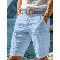 Season:Summer; Fabric:Linen Cotton Blend; Gender:Men's; Style:Designer,Fashion; Occasion:Holiday,Daily,Casual; Details:Belt Not Included; Fit Type:Regular Fit; Function:Breathable,Comfort; Waistline:Mid Waist; Pattern:Plain; Design:Multi Pocket,Straight Leg; Brand:OUKU; Pants Type:Shorts,Beach Shorts,Linen Shorts,Summer Shorts; Fly Type:Zipper,Button; Front page:FF; Listing Date:05/05/2024; Pants Length:Knee Length Solid Color Shorts For Beach Vacation, Summer Beach Shorts With Pockets, Casual Solid Color Shorts For Vacation, Solid Bermuda Bottoms For Vacation, Solid Color Shorts For Spring Vacation, Summer Vacation Shorts With Pockets, Solid Color Shorts For Beach In Spring, Vacation Shorts With Pockets For Beach Season, Summer Beachwear Bottoms With Pockets