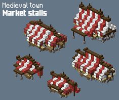 an image of a set of medieval town market stalls with red and white stripes on them