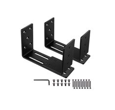 two black metal brackets with screws and nuts on the side for mounting tvs