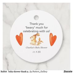 a baby shower tag with an image of two hearts and the words thank you, beary much for celebrating with us