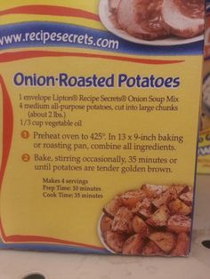 the back side of a recipe book for onion roasted potatoes