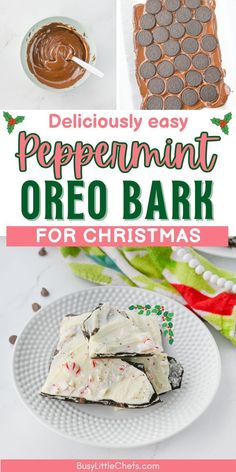 the recipe for peppermint oreo bark is shown in this collage with text overlay