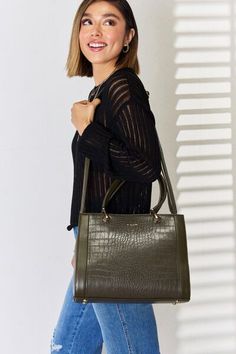 Formal Faux Leather Bags For Fall, Workwear Bag With Detachable Handle In Faux Leather, Workwear Bags With Detachable Handle In Faux Leather, Faux Leather Bags With Detachable Handle For Work, Luxury Green Workwear Shoulder Bag, Luxury Green Shoulder Bag For Work, Modern Faux Leather Satchel For Work, Green Satchel For Work, Green Satchel Bag For Work