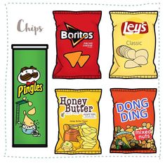 four bags of chips are shown in this cartoon style illustration, each with different flavors