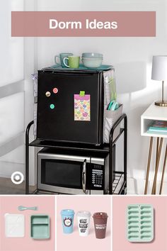 a black refrigerator sitting next to a table with plates and cups on top of it