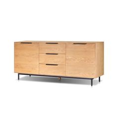 the sideboard is made from wood and has four drawers, one with black handles