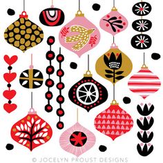 an assortment of ornaments hanging from strings on a white background with black and red accents