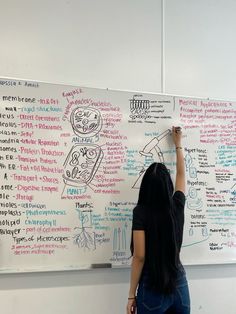 a woman writing on a white board in front of a wall covered with doodles