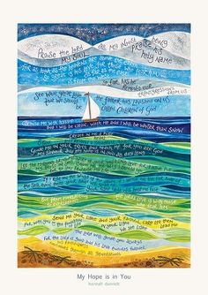 a painting with words written on it and an ocean scene in blue, green, yellow and