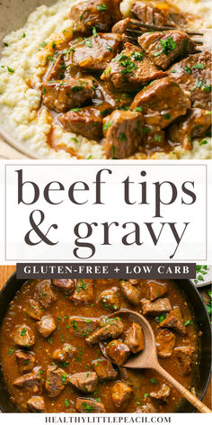 beef tips and gravy in a cast iron skillet with a wooden spoon and a photo of the beef tips and gravy served over cauliflower rice Beef Tips And Gravy Healthy, Gluten Free Beef Crock Pot Recipes, Low Carb Beef Tips Recipes, Healthy Crockpot Beef Tips, Healthy Beef Tips Recipe Clean Eating, Paleo Gluten Free Crockpot Recipes, Low Carb Beef Dinner Recipes, Gluten And Dairy Free Recipes Crock Pot, Gluten Free Rice Recipes For Dinner