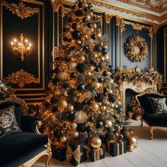 a black and gold christmas tree in a living room