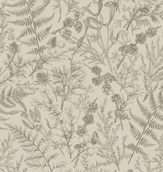 an image of a wallpaper with flowers and plants on it's side, in brown