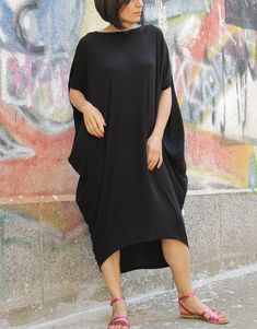 Dress Loose Dress Maxi Dress Black Extravagant Asymmetric - Etsy Casual Black Batwing Sleeve Dress, Casual Black Dress With Batwing Sleeves, Black Oversized Short Sleeve Dress, Oversized Black Short Sleeve Dress, Black Lagenlook Midi Dress For Summer, Black Asymmetrical Lagenlook Dress, Black Oversized Lagenlook Dress, Black Oversized Midi Dress With Short Sleeves, Casual Black High-low Hem Maxi Dress