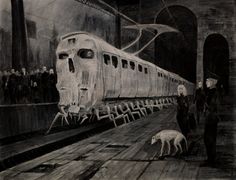 an old black and white drawing of a train pulling into a station with sheep on the platform