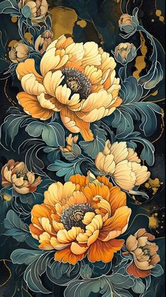 an artistic painting of yellow and orange flowers