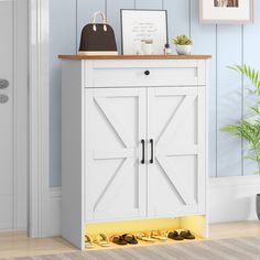 a white cabinet with two doors and some shoes on the floor next to a potted plant