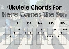 the ukulele chords for here comes the sun, with an image of people walking across