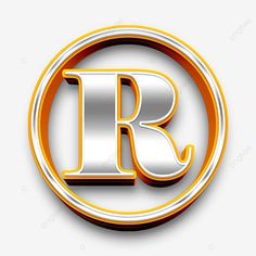 the letter r is inscribed in gold and silver with an orange ring around it, on a white background