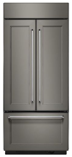 a large stainless steel refrigerator freezer sitting on top of a white surface with two doors