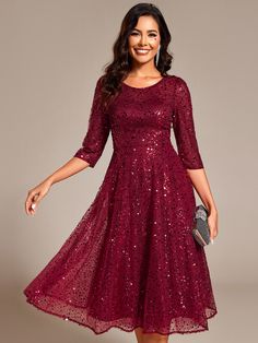 Shine at any wedding with this 3/4 Sleeve Sparkly Sequin Round Neck Midi Wedding Guest Dress. The shimmering sequin design adds a dazzling touch, while the classic round neckline and 3/4 sleeves create a sophisticated silhouette. The midi length ensures elegance and ease of movement, making it perfect for formal celebrations or evening events. Fit: Please refer to size chart. Length: Midi length. Sleeve Style: 3/4 sleeves. Closure: It is concealed a zipper up the back. Undergarments: It is not p Midi Wedding Guest Dress, Prom Dresses Burgundy, Dress With Jean Jacket, Prom Dresses Sleeveless, Sequin Midi Dress, Sequin Evening Dresses, Sequin Design, Dress With Long Sleeves, Guest Dress