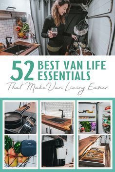 the cover of 52 best van life essentials that made our living easier, with photos of woman in kitchen