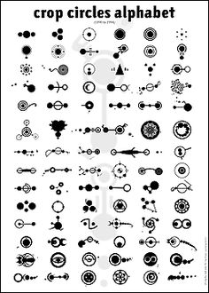 the crop circles alphabet is shown in black and white, with an image of several different shapes