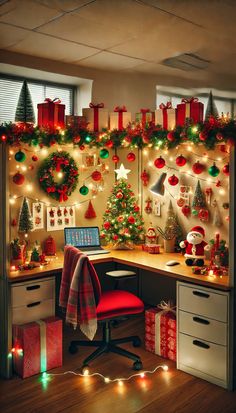 an office decorated for christmas with presents and lights on the wall, along with other holiday decorations