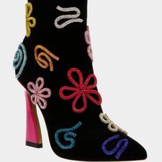 Show Off Your Unique Style With The Sylvia Heeled Booties. Featuring A Vibrant Pink Heel And Whimsical Rhinestone-Shaped Accents, These Booties Will Be Sure To Make Your Everyday Outfit Stand Out! Synthetic Microsuede Upper Material With Rhinestone Embellishments, 4 Inch Heel Height, And Shaft Height 4.25", Calf Circumference 10.5". Color- Black Multi! Reasonable Offer Accepted! Brand New!! Boot Bling, Embellished Heels, Velvet Boots, Betsey Johnson Shoes, Spool Heel, Shoe Design, Black Heel Boots, Rhinestone Embellishments, Block Heel Boots