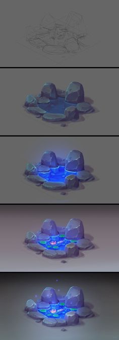 three different views of an iceberg with blue lights