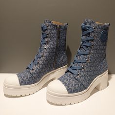 Nib, Never Worn. Denim Logo Casual Blue Platform Boots, Casual Blue Boots With Reinforced Heel, Black Buckle Boots, Mk Shoes, Michael Kors Boots, Dress Booties, Ankle Rain Boots, Michael Kors Heels, Ankle Heels