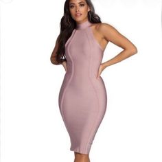 Windsor Mauve/Lavender Bandage High Neck Dress. Very Fitting And Body Hugging. Size Small. New With Tags! Elegant Pink Sleeveless Bandage Dress, Pink Halter Neck Bodycon Dress, Pink Bodycon Halter Neck Dress, Feminine Fitted High Neck Midi Dress, Pink Bandage Dress For Night Out, Pink Fitted Sleeveless Bandage Dress, Pink Fitted Bandage Dress For Spring, Feminine Pink Midi Length Bodycon Dress, Fitted Mauve Midi Dress For Spring