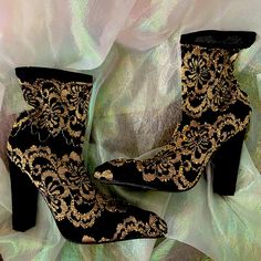 Black And Gold Lace Boots ( Never Worn) Black Glamorous Spring Boots, Glamorous Black Spring Boots, Glamorous Black Ankle-high Heeled Boots, Gold Lace, Lace Boots, Shoes Heels Boots, Black And Gold, Shoes Women Heels, Heeled Boots